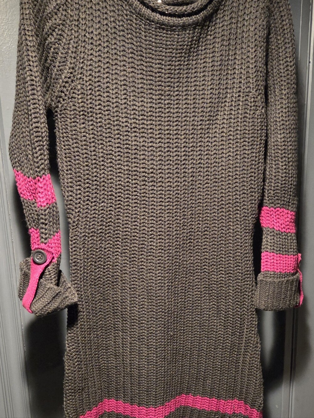 Women’s Dark Gray Knit Sweater Dress with Pink Stripe Accents